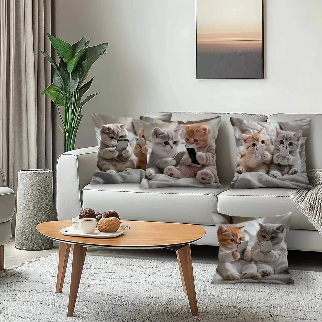 45X45CM Cute Kittens With Smartphones Printed Pillowcase Pattern Cushion Cover For Sofa Bedroom Car Pillow Cover Home Decor