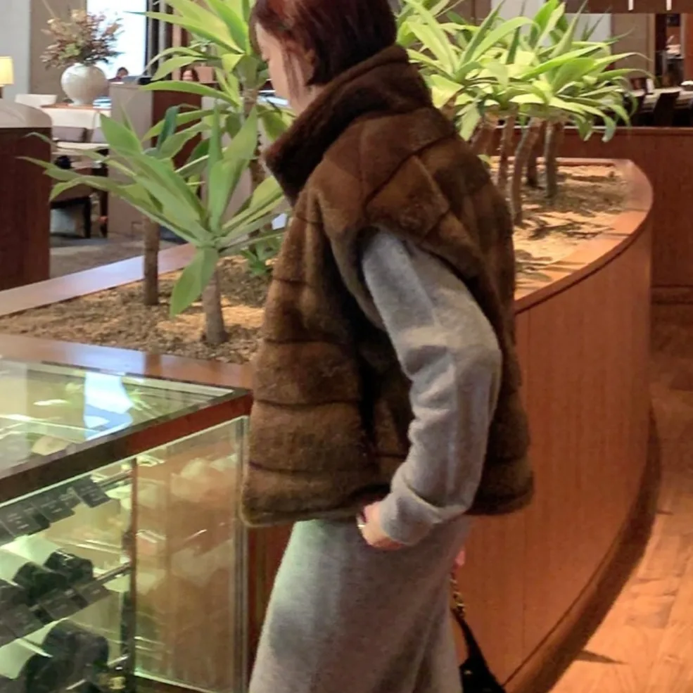 Frauen Chic Koreanische Sle Weste Jaet Doppelseitige Tragen Pelz Spleißen Svel Top Vielseitig Retro Design Herbst Winter