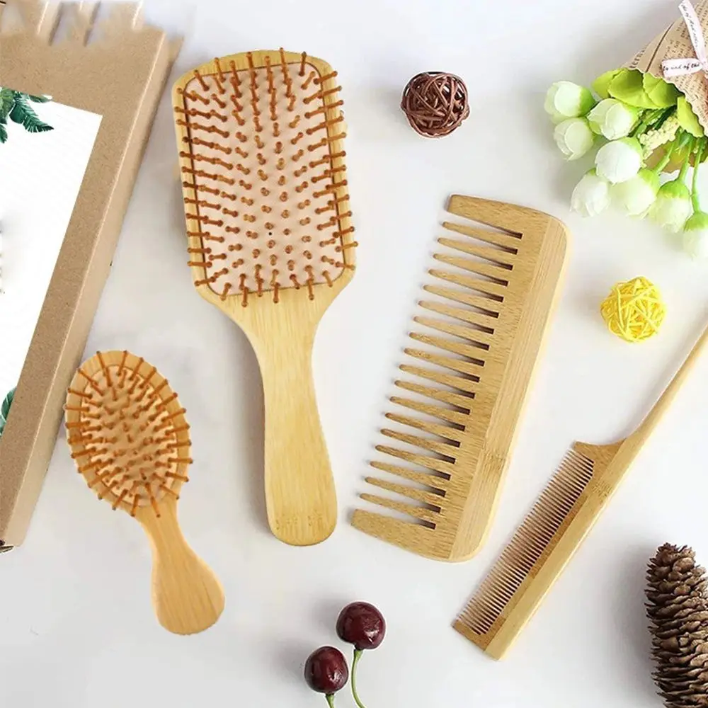 Hair Brush Set,Natural Bamboo Comb Paddle Detangling Hairbrush, Wide-tooth and tail comb No Bristle, suit for Women Men and Kids