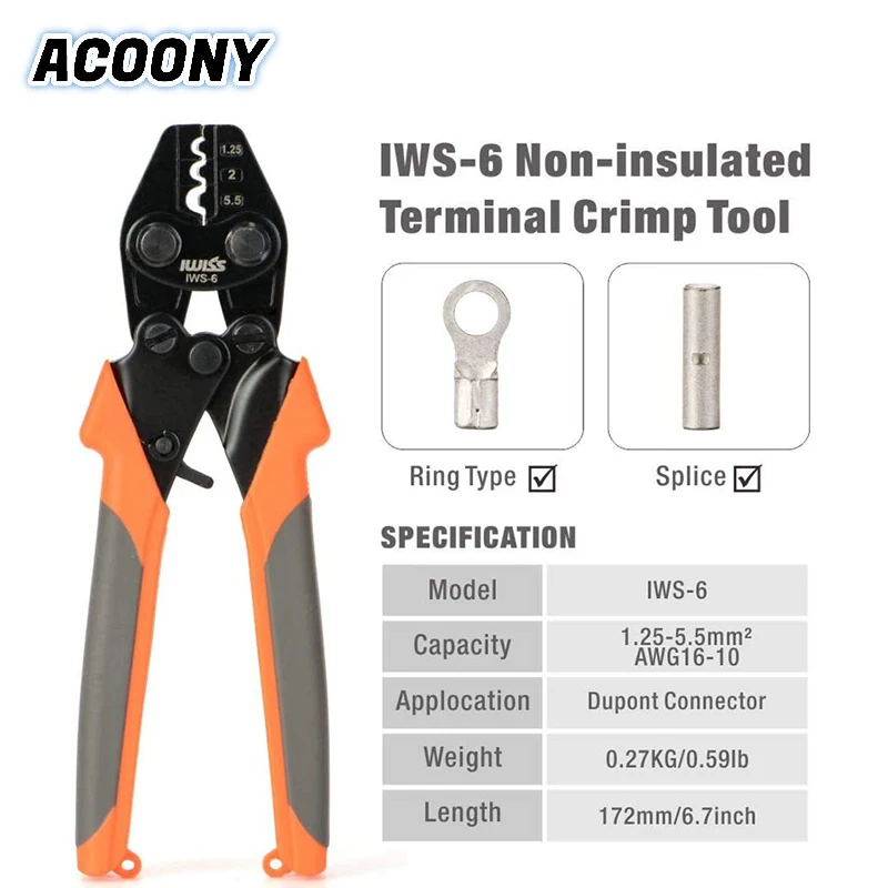 IWS-6 Crimping Plier for Non-Insulated Terminals and Butt/Spice/Open/Plug Connectors Wiring Repairs Hand Crimper Tools AWG16-10