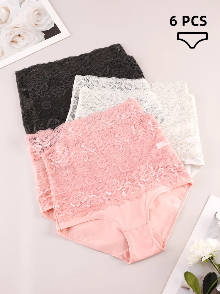 

ALDOLA 6PCS/Set Sexy Lace Cotton Panties High Waist Female Briefs Soft Comfortable Women Lingerie Solid Color Underpants