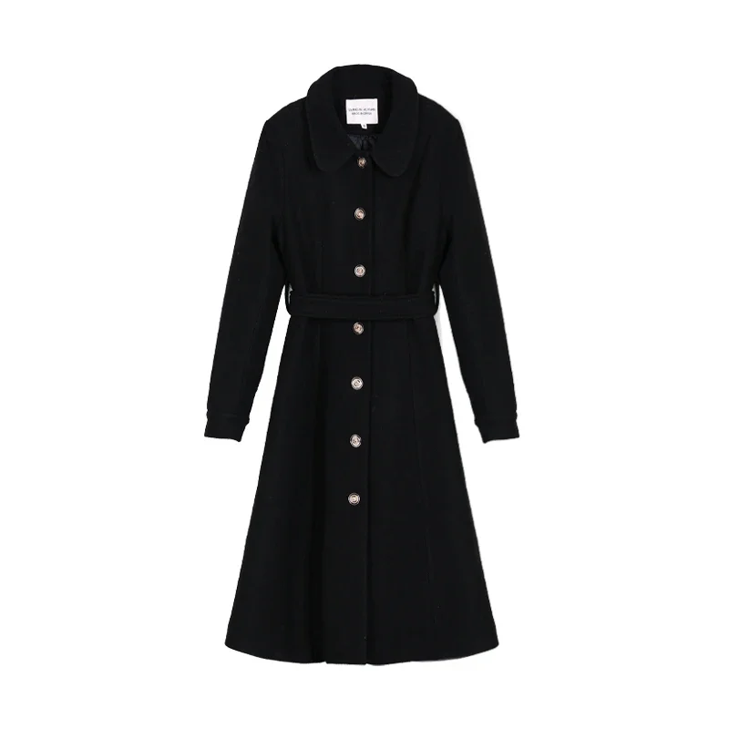 ALXNAN Hepburn Style Black Woolen Coat for Women O-neck Long Sleeve Single Breasted Slim Commuter Long Coat 2024 Winter LXN22779