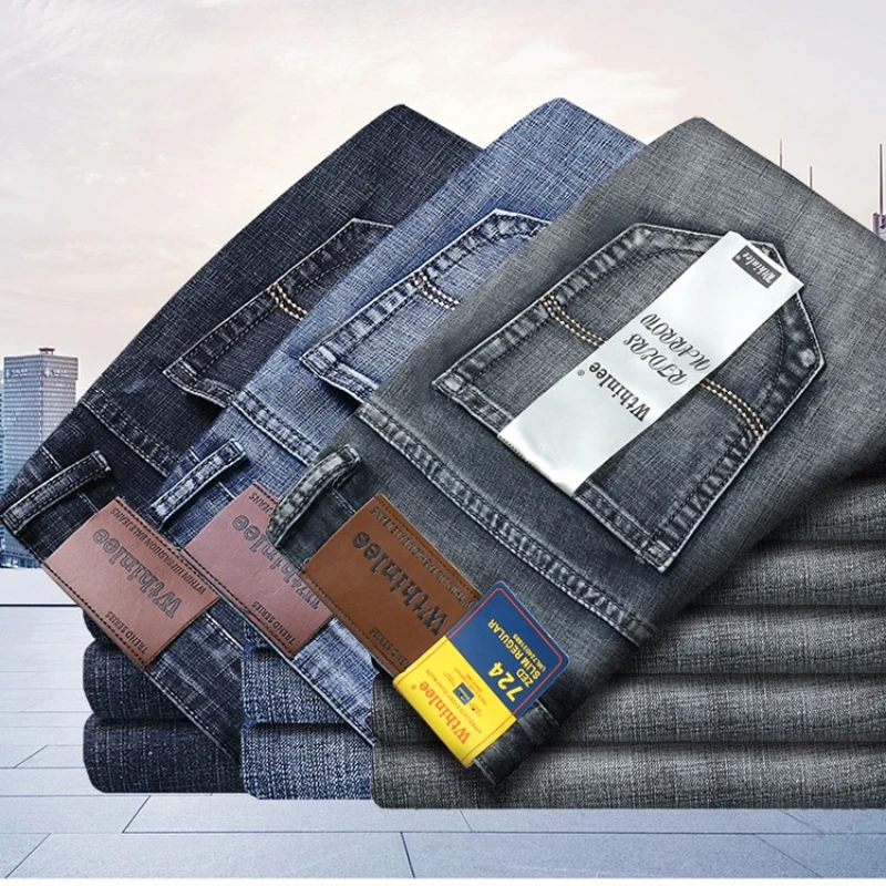 جديد رجال الأعمال الجينز عادية مستقيم تمتد الموضة الكلاسيكية الدخان رمادي أزرق أسود العمل سراويل جينز الذكور ماركة الملابس