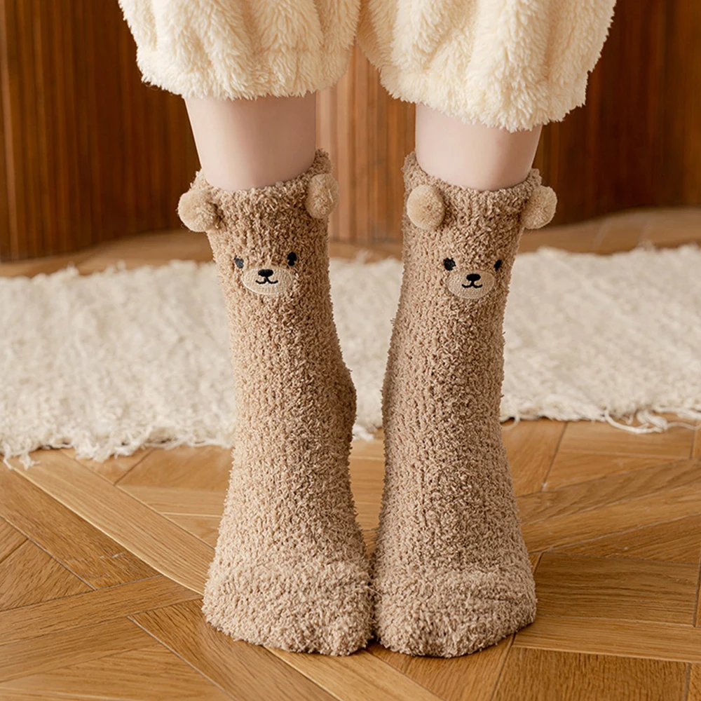 Cute Animal Bear Thick Coral Fleece Fuzzy Socks Home Floor Sleep Sock Female Autumn Winter Warm Funny Socks  Sleep Socks