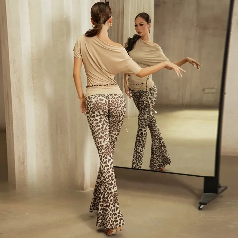 Customized Slanted Shoulder Short Sleeve Latin Dance Top Women's Leopard Pattern High Waist Micro Pull Pants Adult Practice Set