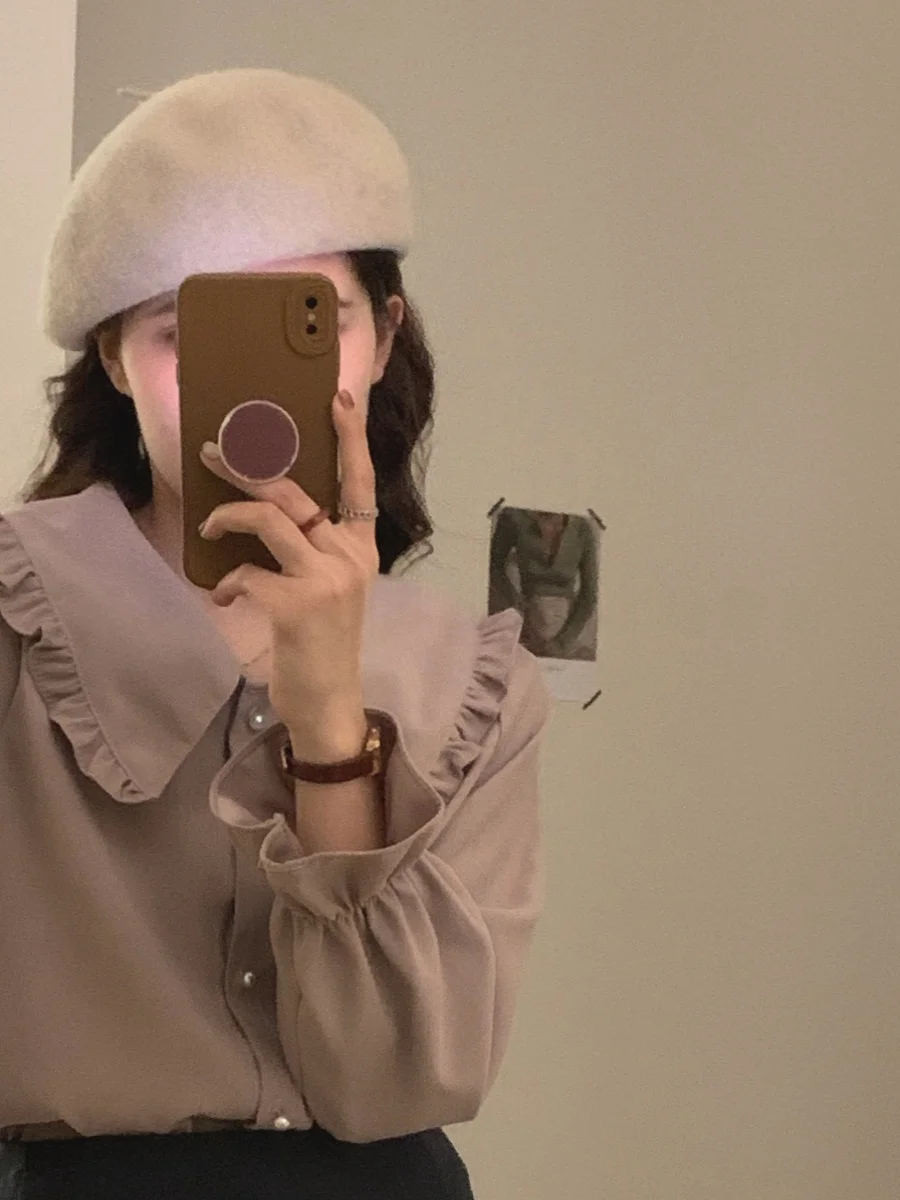 캐주얼 롱 스웨터 진주 단추 로터스 칼라 꽃봉오리 스웨터 다용도 개성 출퇴근 올매치 단색