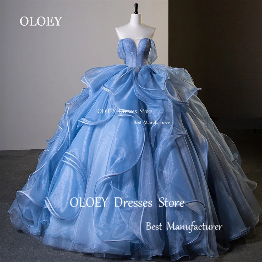 OLOEY Glitter Blue Quinceanera Dress Off Shoulder Wedding Dress Silky Organza Mexico 15 18 Ball Gown Pleats Lace Up Custom Made