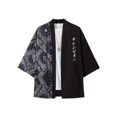 Men's Harajuku Japanese Patchwork Paisley Print Kimono Cardigan Traditional 3/4 Sleeves Haori Yukata Cosplay Clothing for Summer
