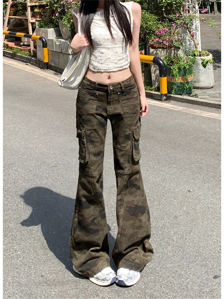 

2025 Summer Camo Cargo Pants Women American High Waist Wide Leg Trousers Multi Pocket Denim Flared Pants Loose Casual