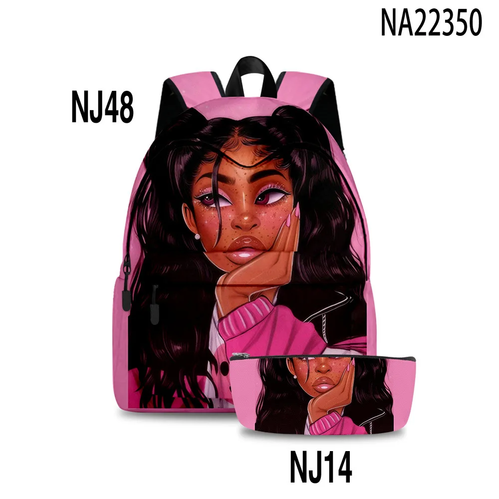 2pcs/set African Girl Lafro Lady Backpack 3D Printed Kawaii Oxford Waterproof Girls Zipper Schoolbag Pencil Bag Birthday Gifts