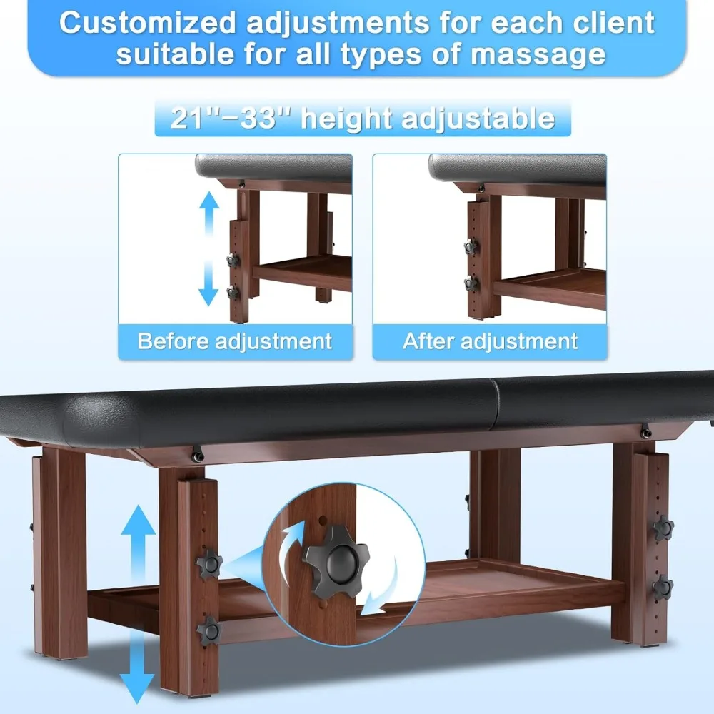 طاولة تدليك واسعة قابلة للتعديل مقاس 31 بوصة مع مسند ظهر لعلاجات السبا الاحترافية، جلد أسود، تدعم ما يصل إلى 1500 رطل #4