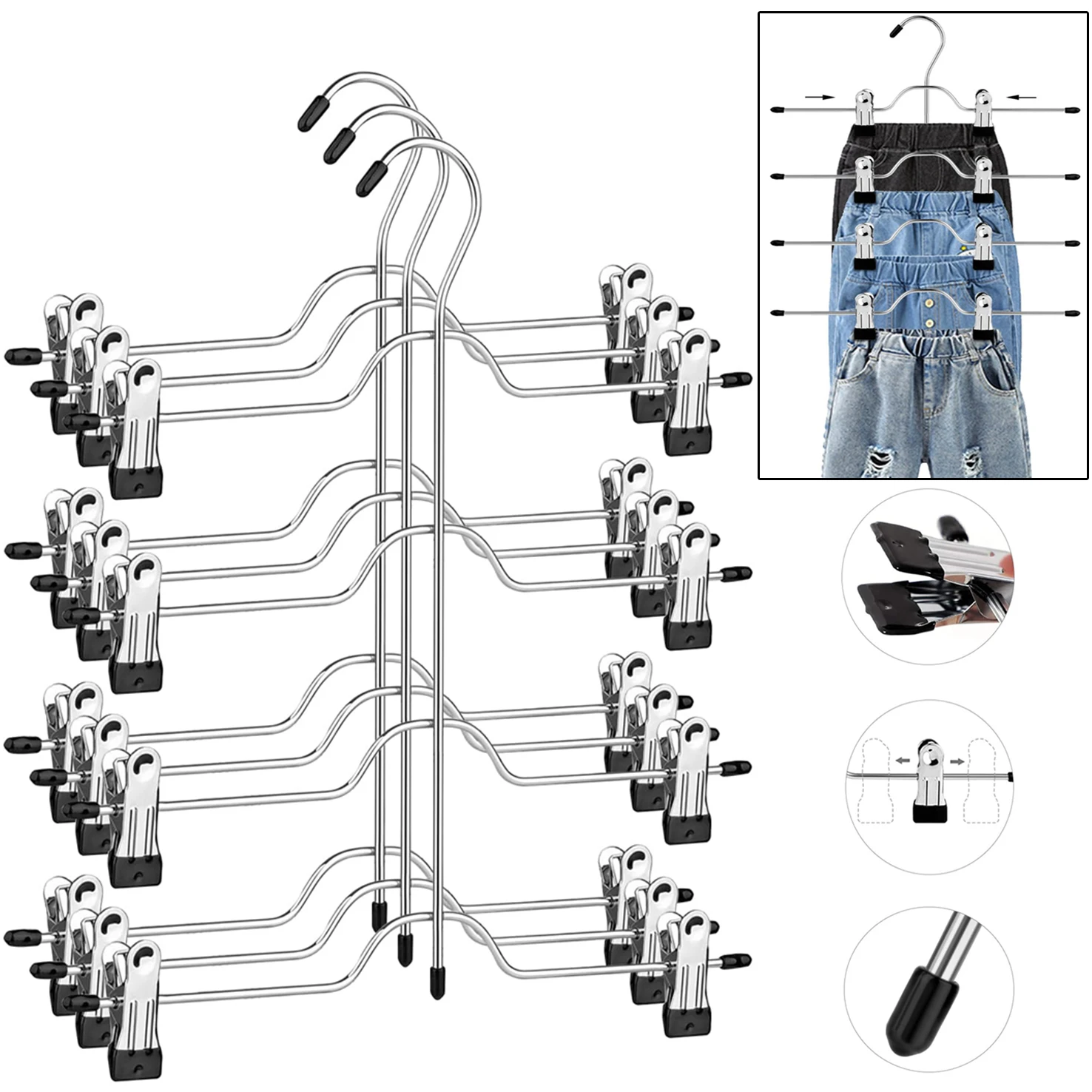 4-stufige Metall-Kleiderbügel mit Clips, platzsparend, 3er-Pack, Hosenbügel platzsparend, verstellbare Clips, Kleideraufbewahrung für Damen, rutschfester Griff, für Röcke, Shorts, Hosen, Schwarz