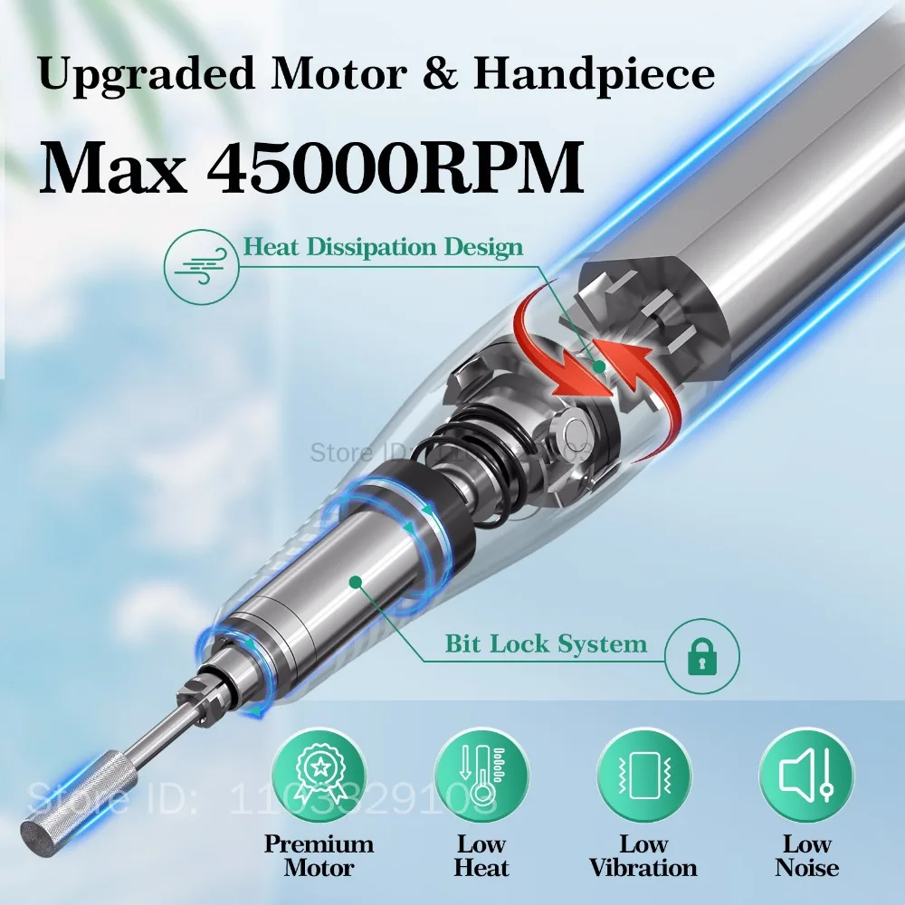 Conjunto de lixadeira de unhas 45000rpm, moinho para manicure com display led, baixo ruído, broca elétrica para manicure, acessórios e ferramentas