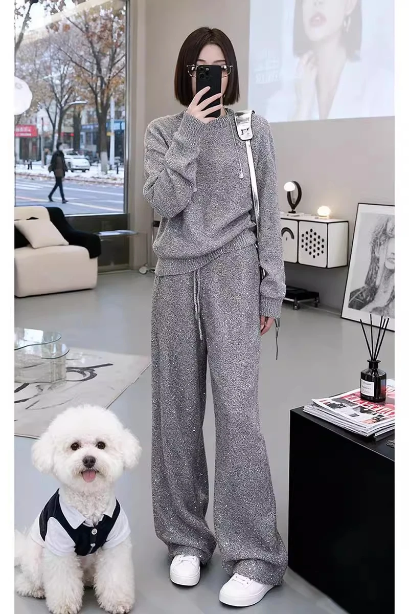 Elegant High-end Gray Knit 2 Piece Set Women Minimalist Jumpers Sweater Elastic Waist Wide Leg Pants Casual Office Commute Suits