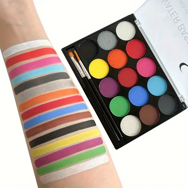 15Color BodyPainting Kit Vibrant Water Soluble Face Color Makeup Cream for Stage Costume Performances Includes Stencil and Brush