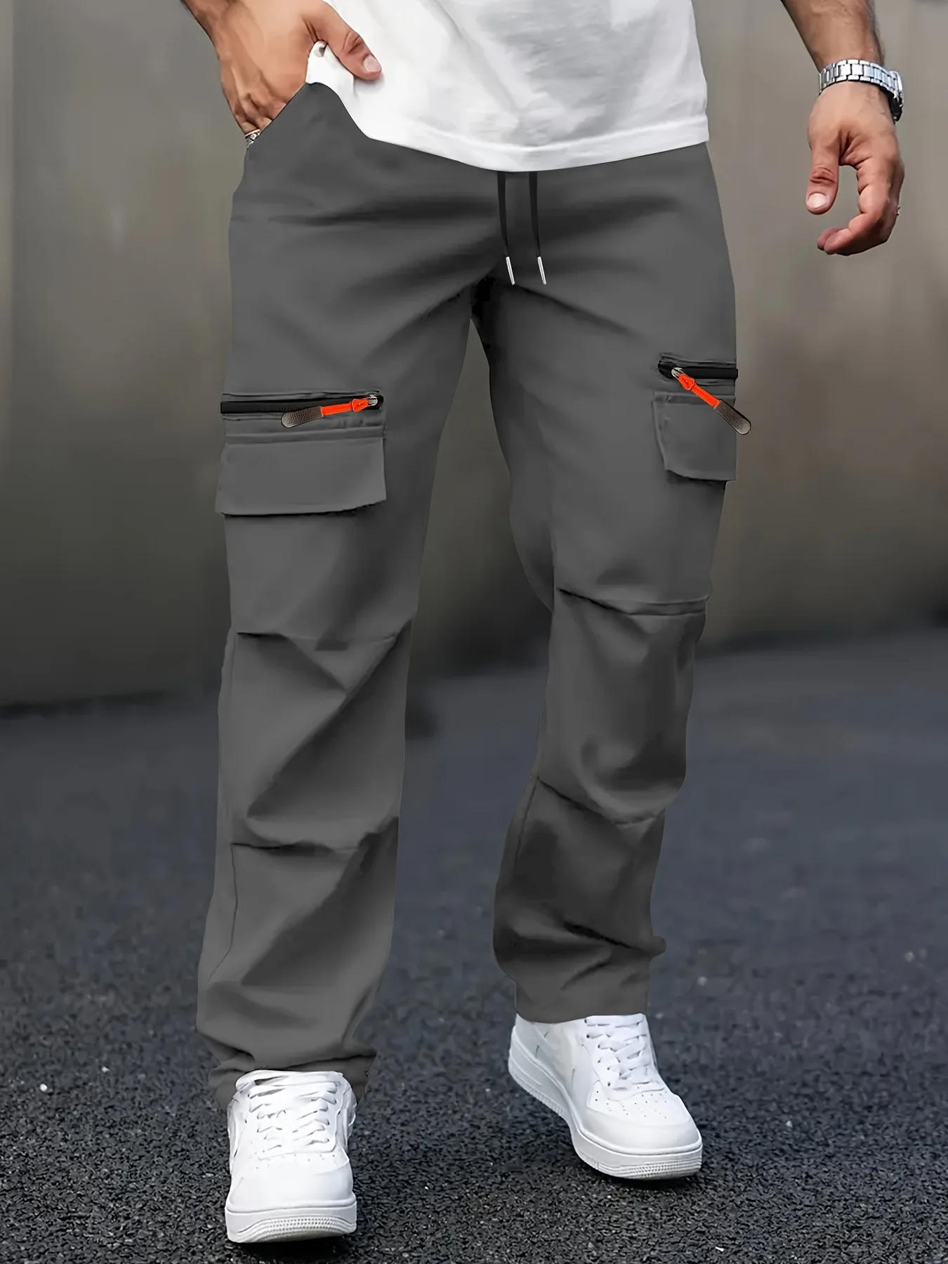 

Men's Casual Cargo Pants with Multiple Pockets - Straight Leg, Loose Fit,, Zipper Details, Perfect for Spring and Fall