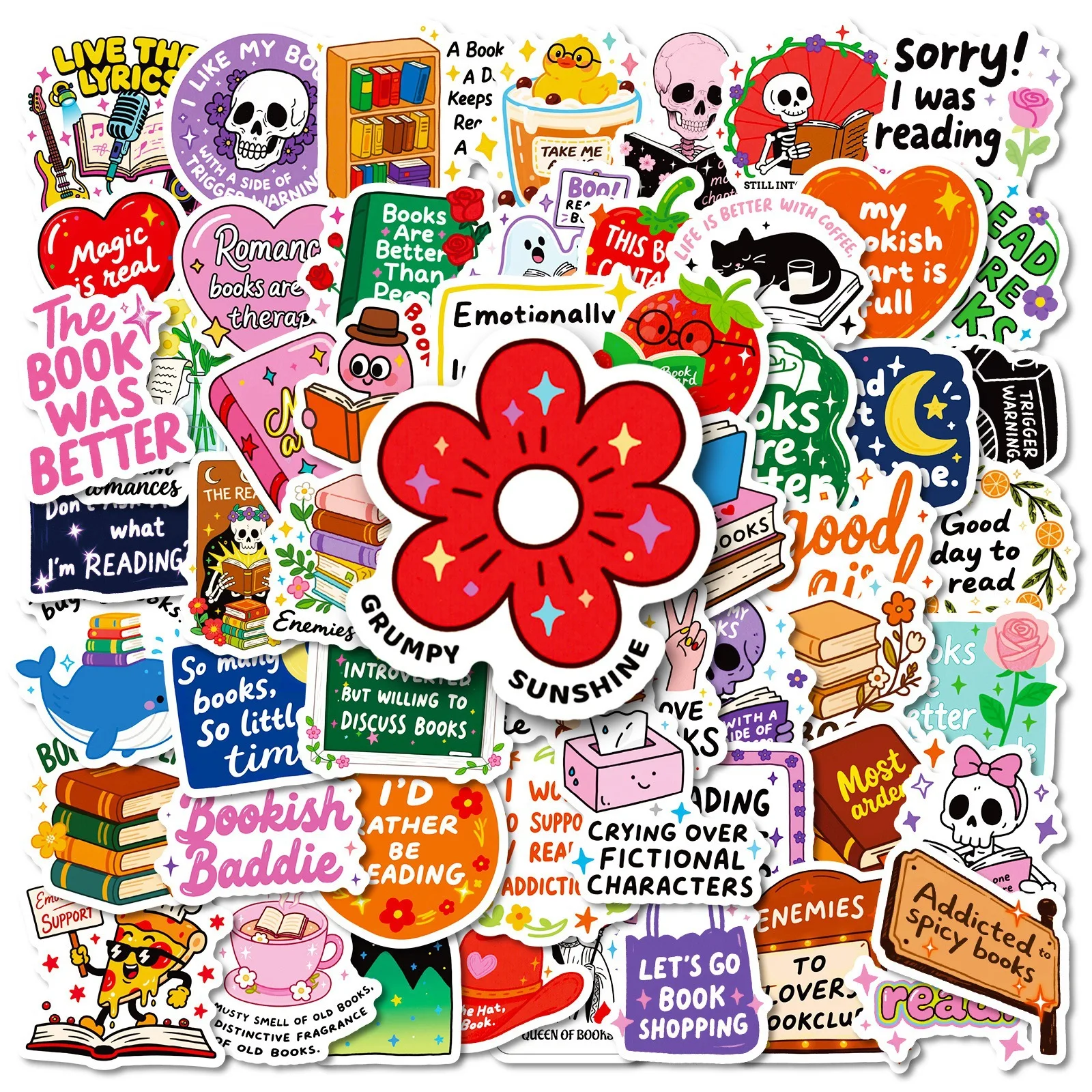 50Pcs Book Lover Reading Themed Waterproof Stickers Bookish Quote Skeleton Decals Laptop Water Bottle Notebook Guka DIY Decor