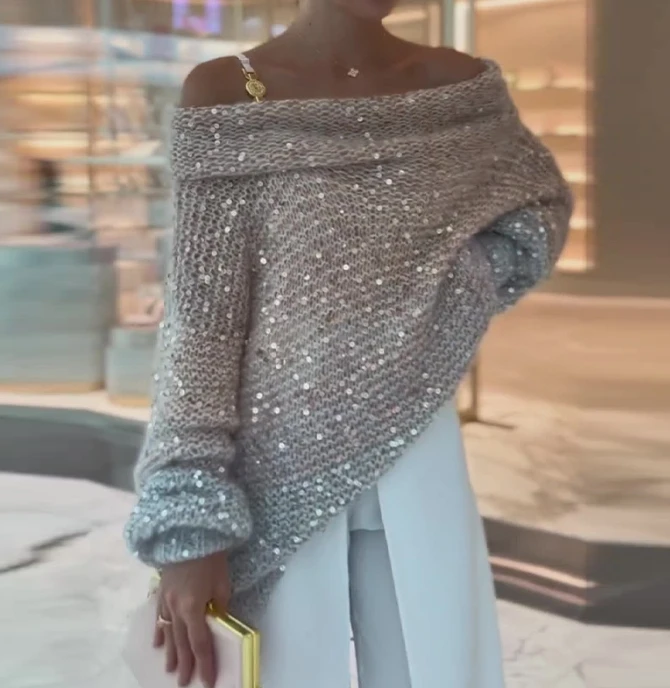 2023 Winter New Popular Solid Sequin Design with One Shoulder Width and A Lazy Style Sweater for Women Temperament Commuting