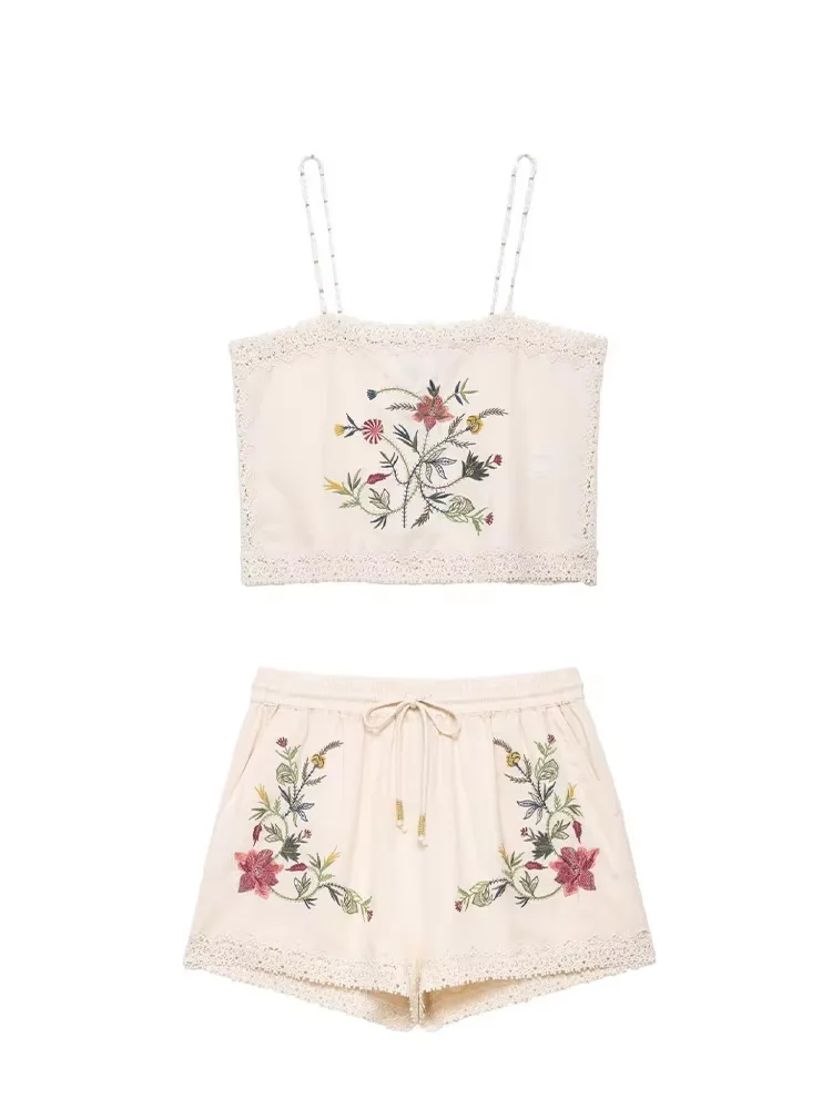 Setelan Celana Pendek Wanita Musim Panas HH, Atasan Tanpa Lengan dengan Hiasan Bordir Kasual + Celana Pendek dengan Saku dan Tali Serut di Pinggang Elastis