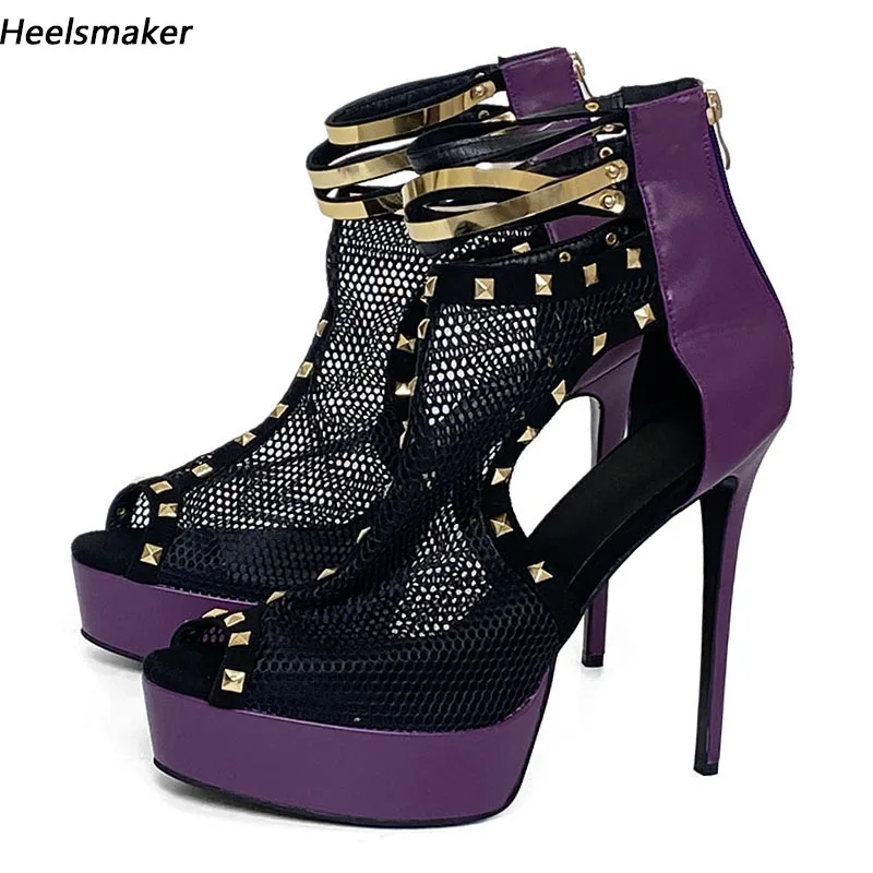 

Sukeia женские летние сандалии ручной работы на платформе с сетчатыми заклепками и открытым носком, великолепные фиолетовые, красные, синие туфли для косплея, женские размеры США 5-20