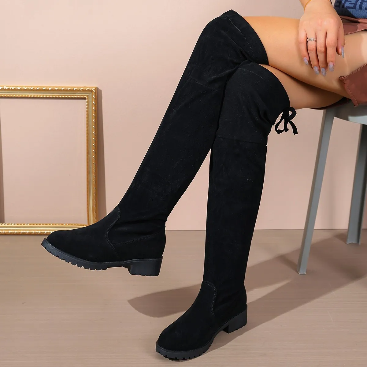 2026 Damen-Kniestiefel aus Kunstwildleder für Herbst und Winter, elastische Schnürstiefel, schwarze Botas – Detail 4