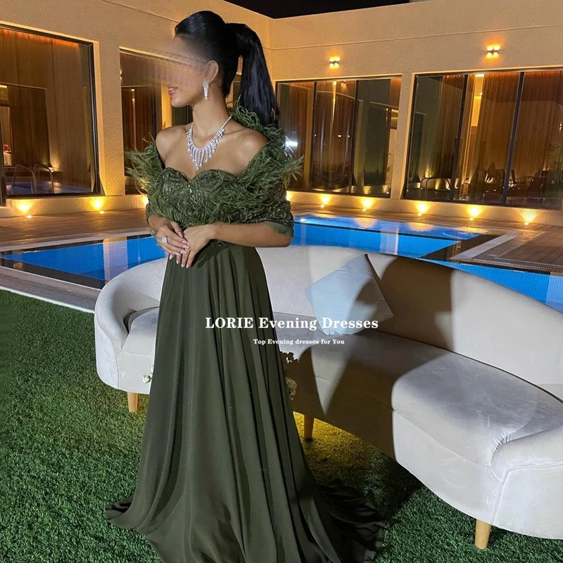 LORIE Green Chiffon A-Line Prom Dresses Sweetheart Half Sleeves Long Saudi Arabia Party Dresses Feathers Vestidos De Noche