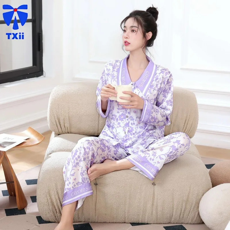 Purple Floral Fashion Style Comfortable Autumn New Pajamas Women's Ice Silk Cool  Leisure Home Clothes