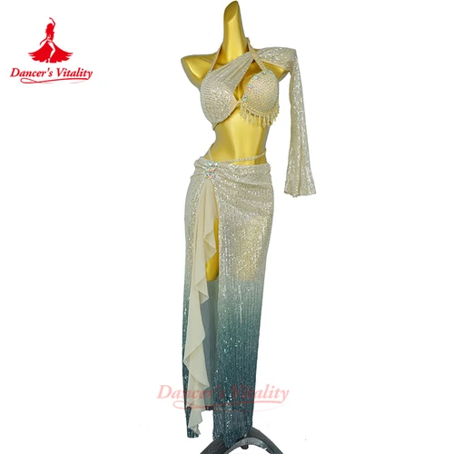 Imagen 2 del producto Traje de danza del vientre para mujer, sujetador con flecos de piedras AB + falda larga degradada Sexy, trajes de actuación de danza Oriental para adultos, 2 uds.