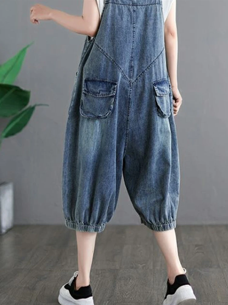 DENIM Jumpsuits ผู้หญิงวินเทจเกาหลีสไตล์ One Piece ชุดลําลอง Cropped Rompers พิมพ์โคมไฟกางเกงยีนส์ฤดูร้อนเสื้อผ้าผู้หญิง
