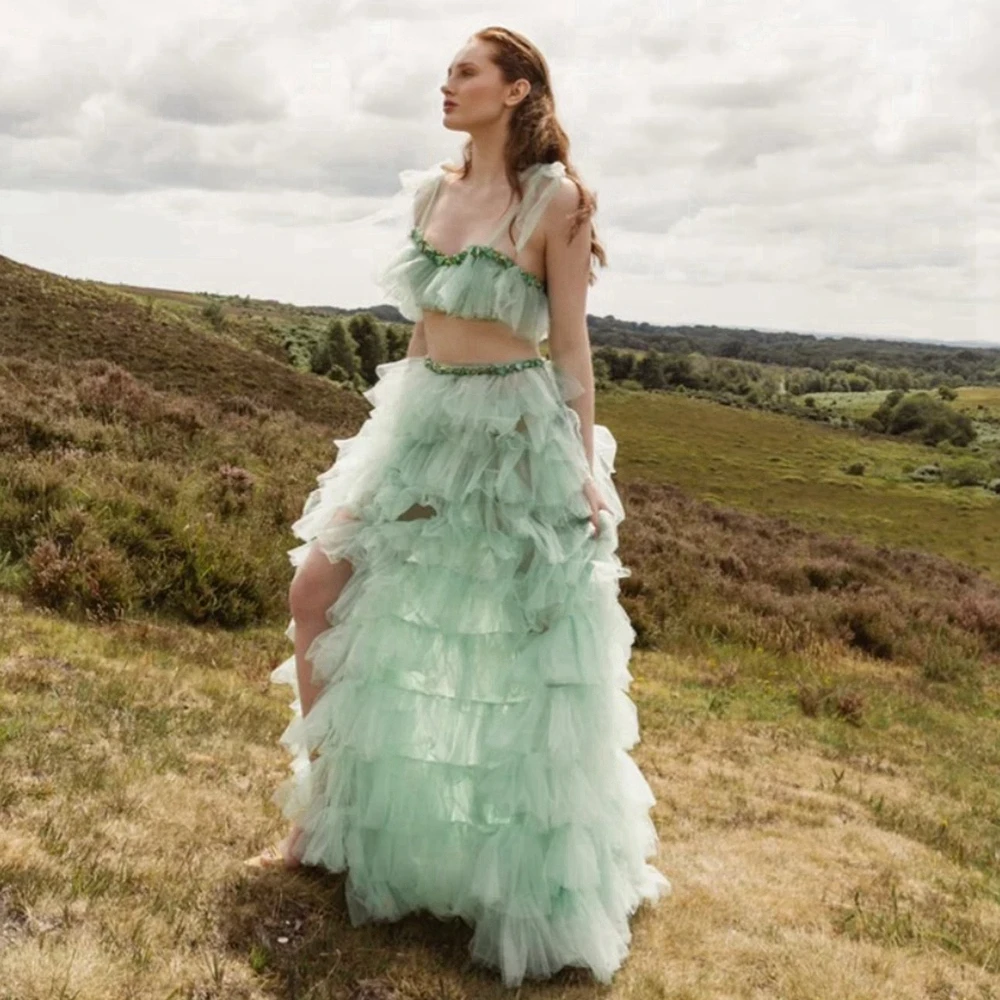 Layered Tulle Ball Gown Ruffled Layered Long Party Skirt With Slit Crystals Beaded Green Evening Skirts With Train See Through