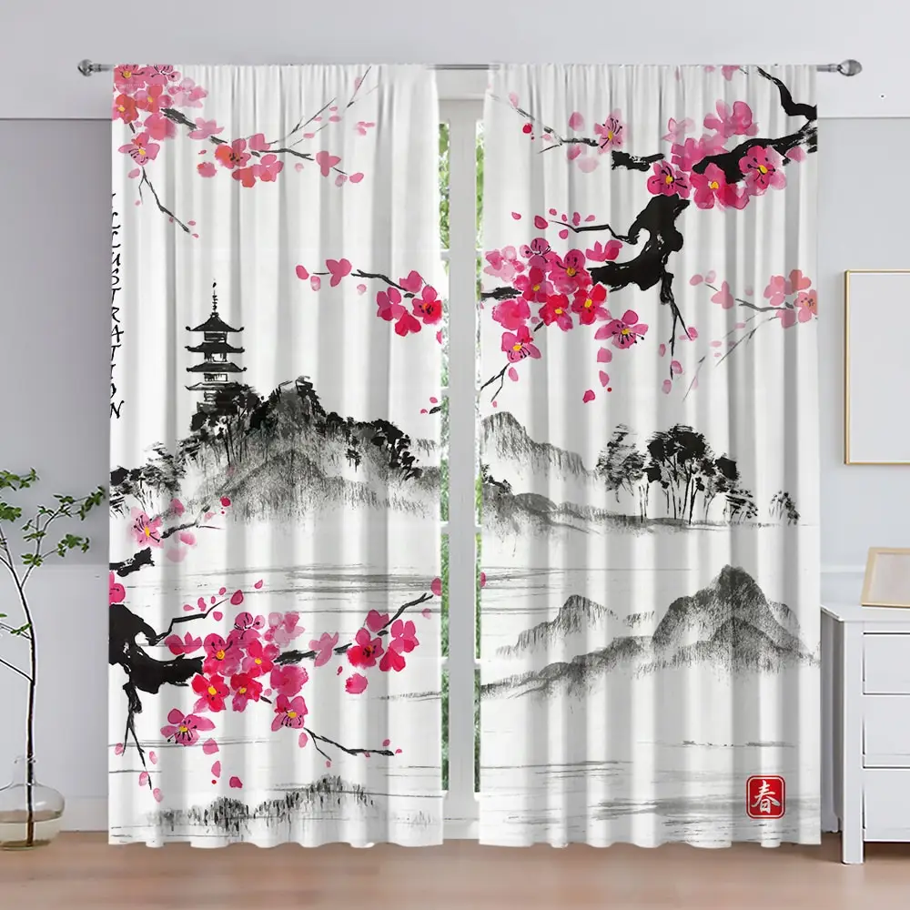 2Pcs Traditional Japanese Style Cherry Printing Window Curtains  for Living Rooms Bedrooms Restaurants Porches and Home Decor