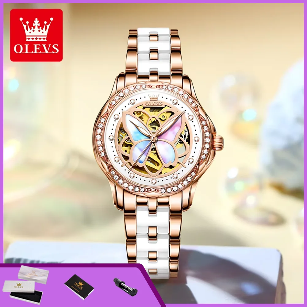 OLEVS 6615 Watches for Women Hollow Butterfly Dial Elegant Ceramic Strap Automatic Mechanical Wristwatch Waterproof Ladies Watch