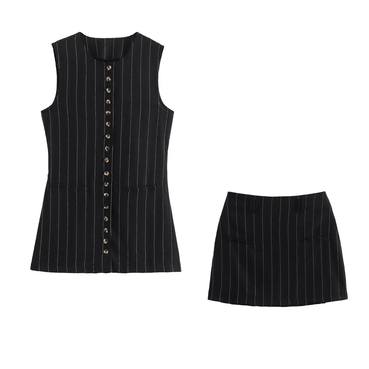 Damski 2-częściowy garnitur 2024 New Fashion Pinstripe Button Decorative Vest Retro Sleeveless Top + Striped Mini Skirt Suit