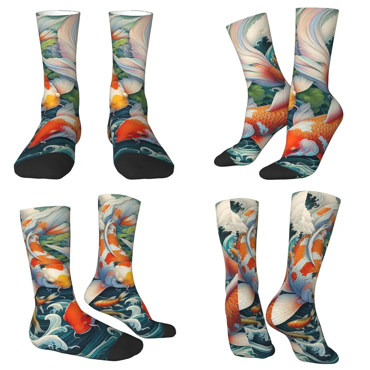 All Seasons Crew Stockings Koi Fish Japanese And Wave Design Socks Funny Long Socks for Men Women Valentine's Day Gifts