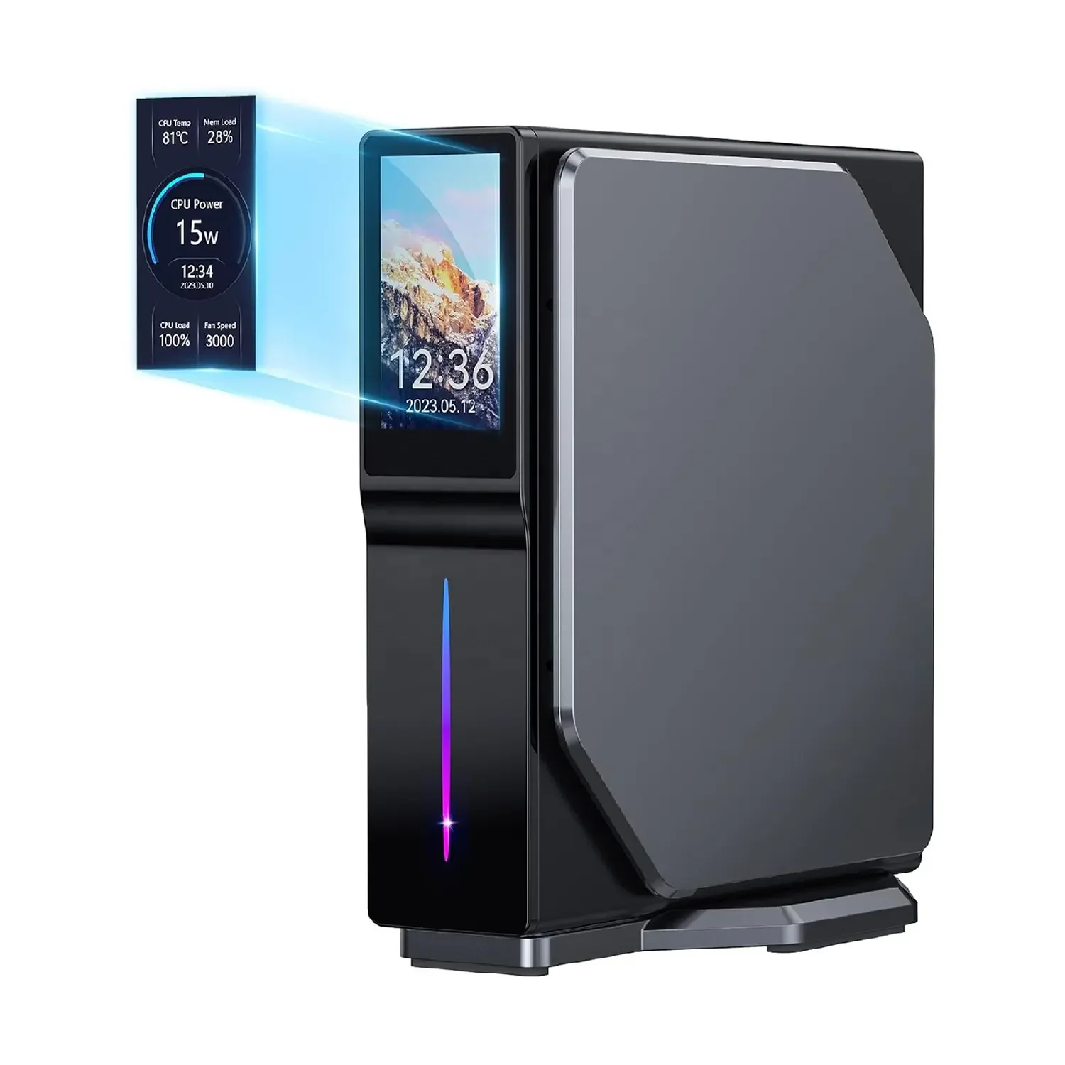 كمبيوتر صغير RGB مع شاشة Intel Alder Lake-N100 16GB DDR4 512GB SSD كمبيوتر عمودي للمنزل/المكتب - شاشة LCD