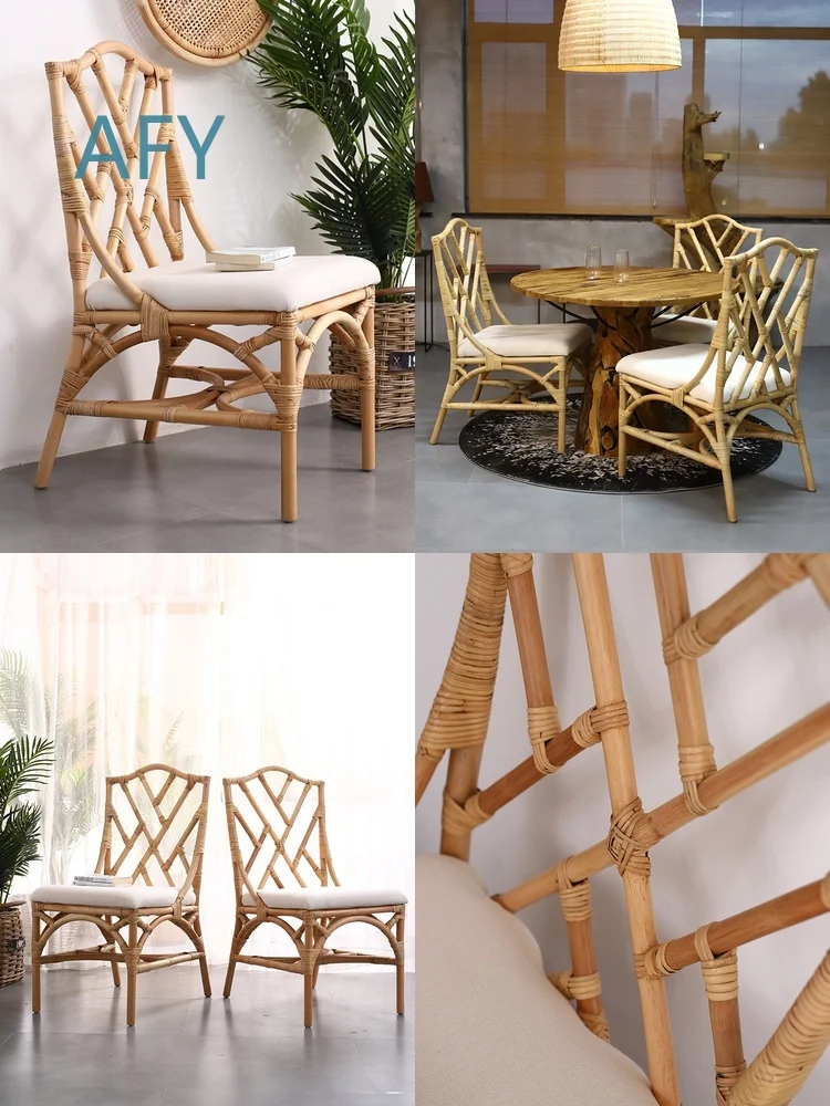 Wicker Chair for Outdoor Patio Balcony Garden Indoor Use Handwoven Natural Rattan Lounge Armchair with Backrest Retro Boho