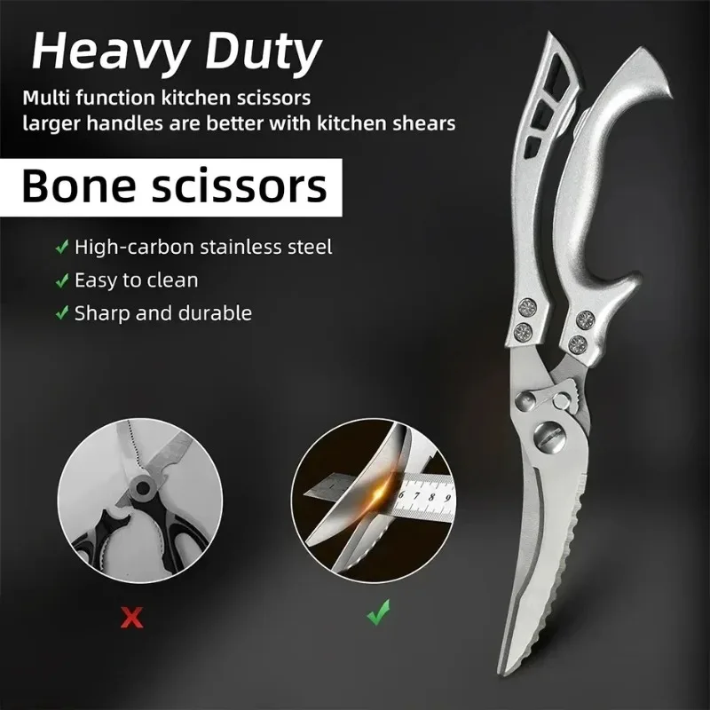 Stainless Steel Kitchen Scissors Chicken Bone Shears Chicken Fish Cutter Ultra Sharp Utility Tool Ergonomic Handle Labor Saving