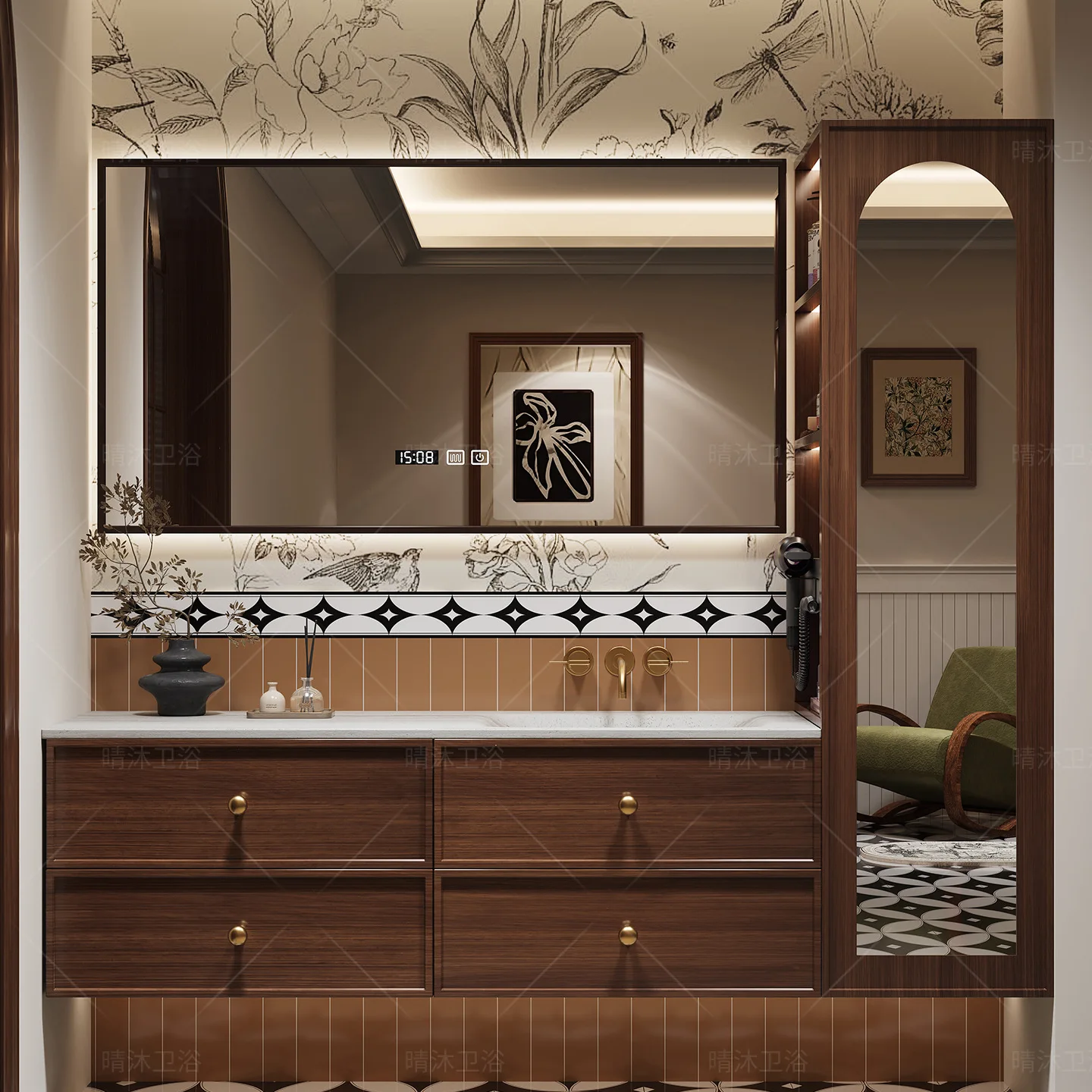 Retro wind rock slab hot bending integrated basin Chinese bathroom cabinet combination bathroom washstand washbasin side stand c