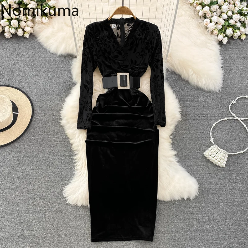 Nomikuma Vestidos Elegantes Para Mujer wiosna jesień plisowana wysoka talia wąska obcisła szata Femme Vintage Fashion Dress dla kobiet