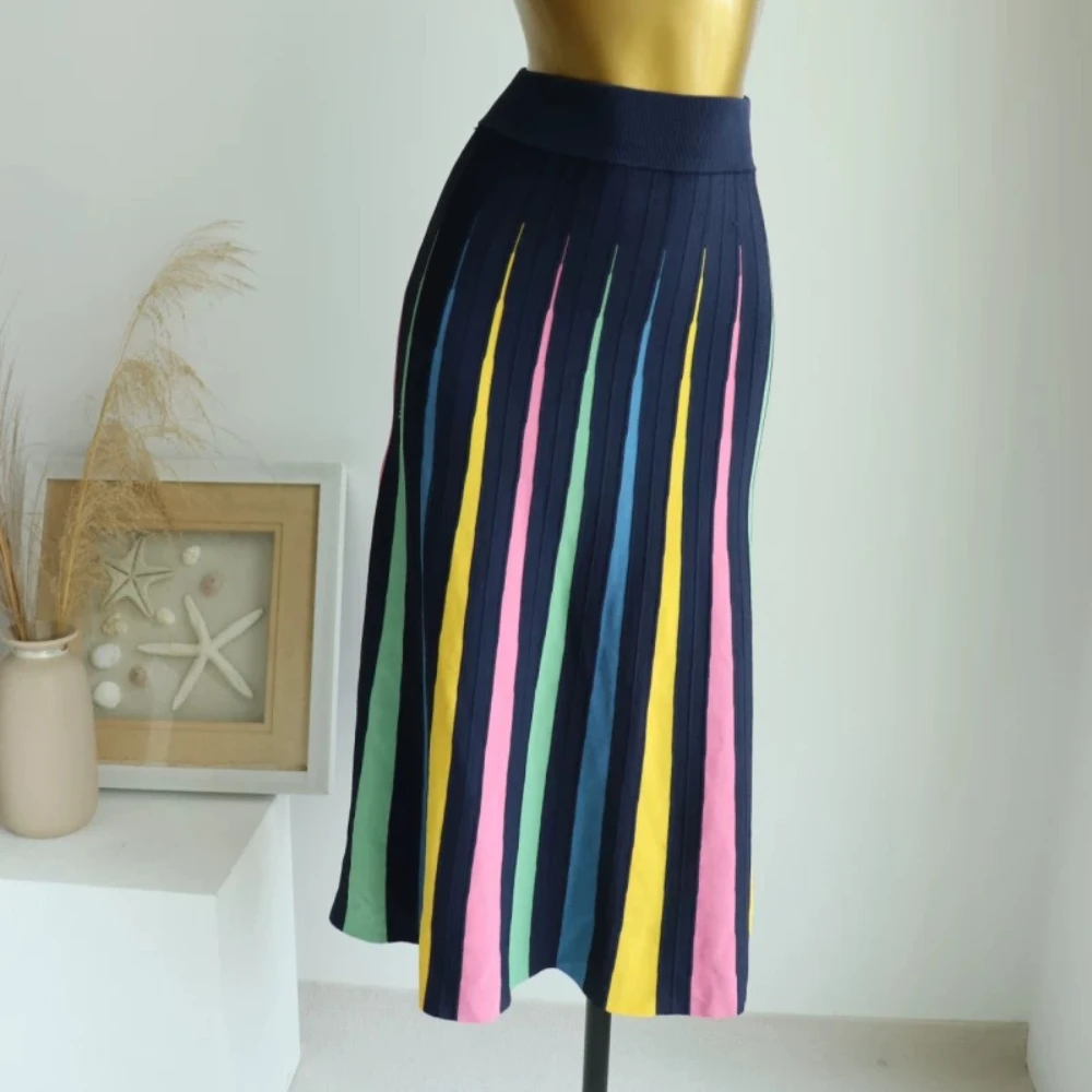 

Micosoni Italian Bohemian Style 2026 New Arrival High Quality Elastic A Pendulum Rainbow Splicing Umbrella Stripe Knitted Skirts