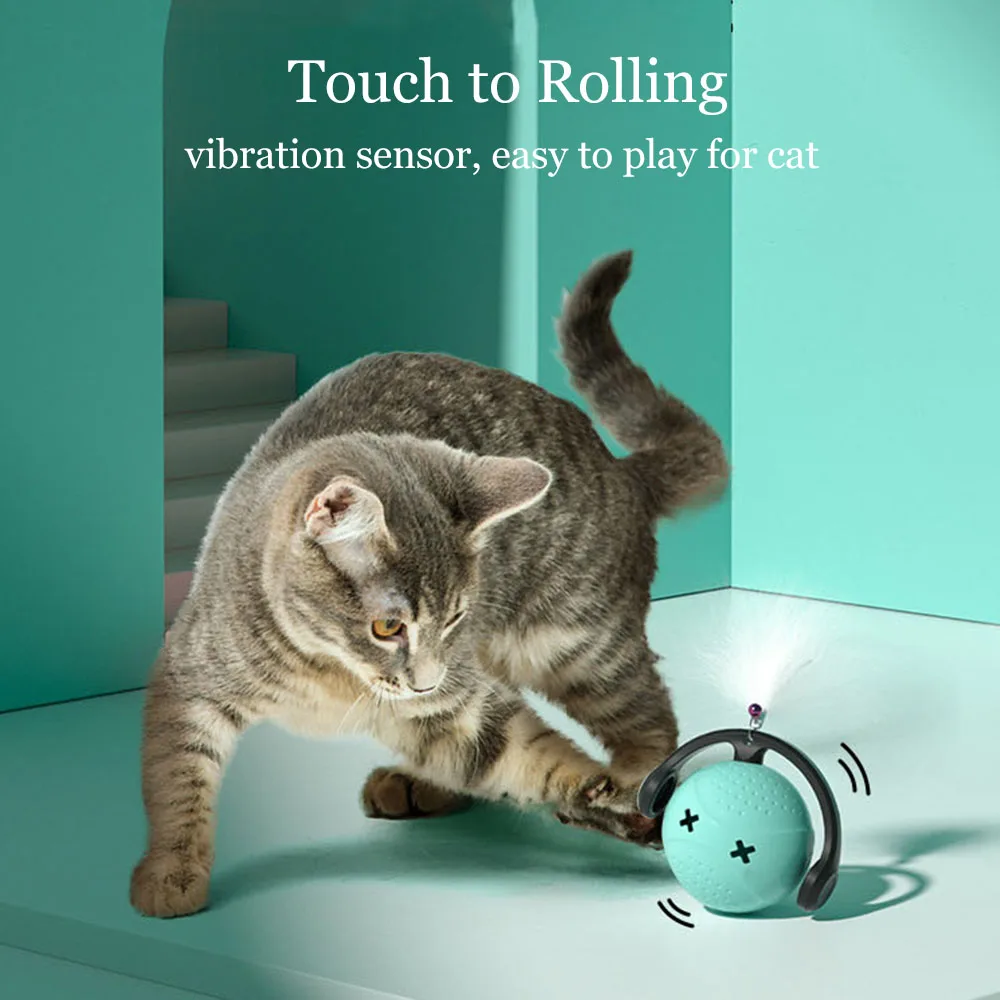 Rolling Ball Cat Toy Interactive Automatic Cat Teaser Feather Toys With Light Vibration Sensor Cats Game Toy Kitten Magic Ball