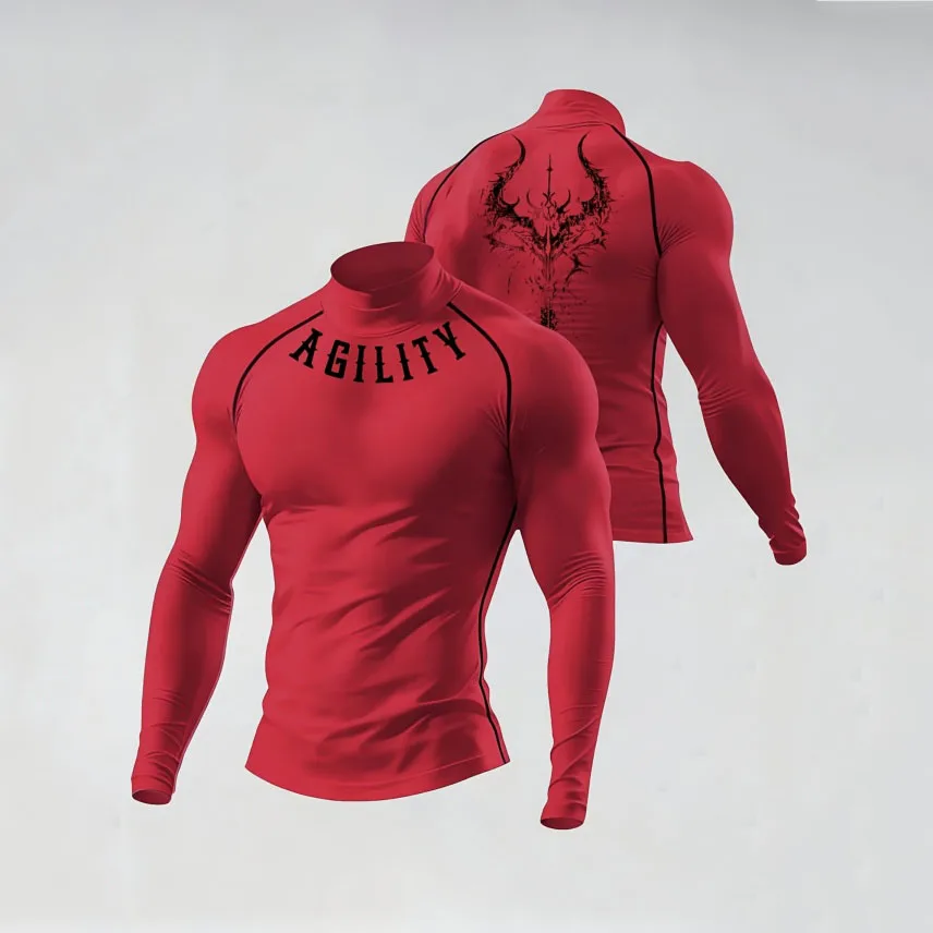 Dunkles Gothic-Sport-Kompressionsshirt mit Dämonen-Totem-Aufdruck, Stehkragen, für Männer, zum Gewichtheben und Laufen, Langarm-Sportbekleidung – Detail 2