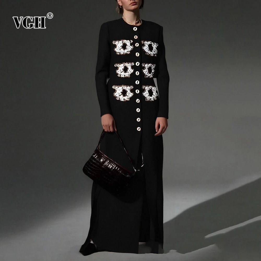 

VGH Temperament Slimming Jackets For Women Round Neck Long Sleeve Spliced Button Spring Luxury Jacket Female Fashion Style New
