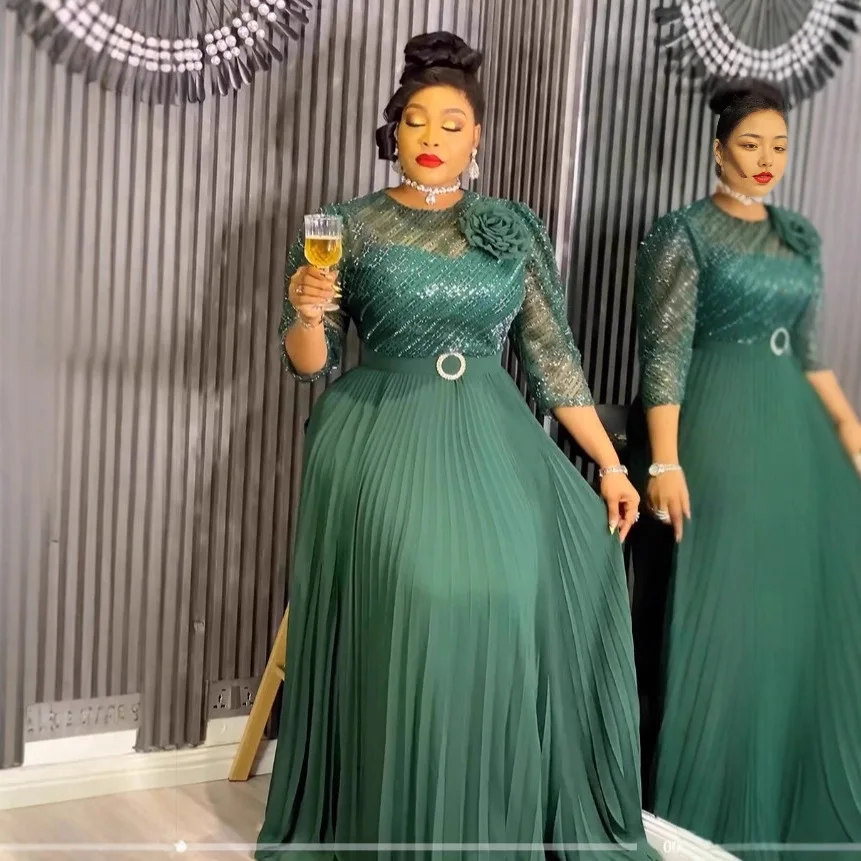

Plus Size Women's Clothing Dark Green Sequin Patchwork Dress for Chubby Women Waist Slimming Three-dimensional Flower Pleated