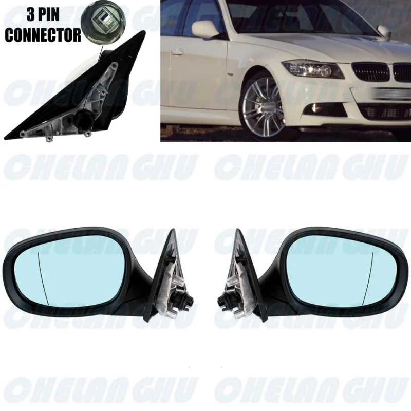 For BMW E90 E91 LCl 318i 320i 325i 2009 2010 2011 2012 1 Pair 3 Pins White Painted Blue Glass Auto Adjust Memory Mirror Assembly