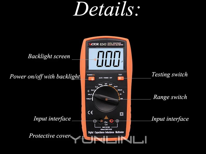 Capaciteitsmeter Handheld Zeer nauwkeurig digitaal met achtergrondverlichting Digitaal display Inductiemeter Testinstrument VC6243