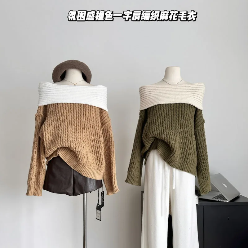 

Off-the-shoulder Loose Fashion Patchwork Knit Sweater Long-sleeved Vintage Short Women's Sweater Autumn/winter Sweater