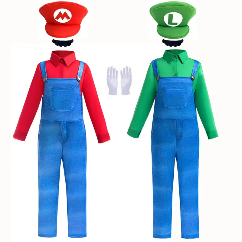 Top qualidade crianças funy super jogo cosplay bros camisa macacão chapéu barba luvas traje meninos fantasia festa outfit