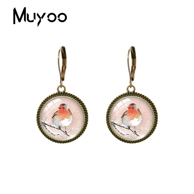 2023 New Robin Painting Dangle Earring Vintage Earrings Birds Art Round Glass Dome Handmade Jewelry