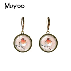 2023 New Robin Painting Dangle Earring Vintage Earrings Birds Art Round Glass Dome Handmade Jewelry